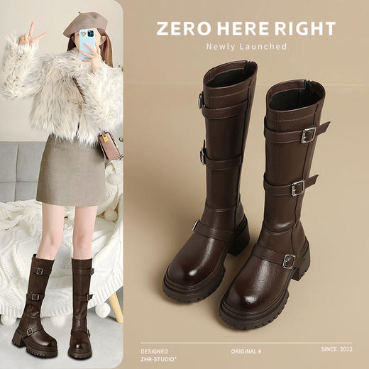 ZHR多排扣潮流长筒靴女2024秋冬新款复古骑士靴厚底西棕色牛仔靴 商品图2