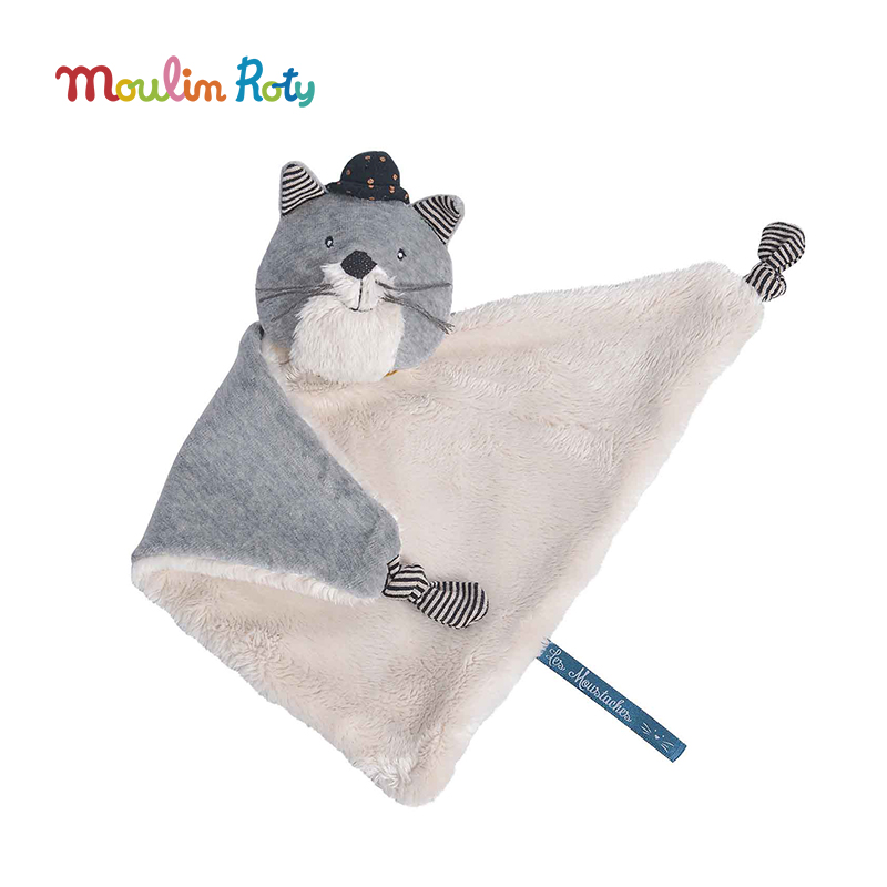 Moulin Roty 浅灰色小猫婴儿安抚巾（棉绒款） 适合年龄0岁+ 666017