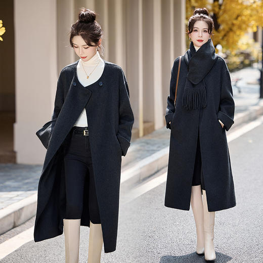 高级感宽松气质中长款，带围巾双面羊毛呢大衣CPYY8096 商品图1