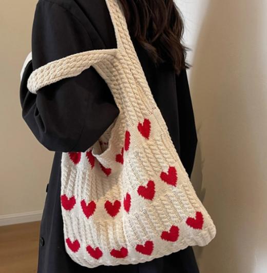 【手提单肩包！镂空设计】小众设计ins爱心复古镂空针织毛线手提单肩包简约文艺慵懒风布袋。ry 商品图1