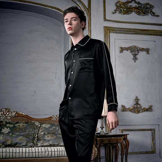 soloseta22姆米重磅真丝男士睡衣套装桑蚕丝纯色奢华高级感家居服 商品图2