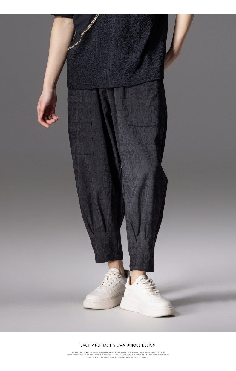 PINLI品立春夏新款暗纹束脚九分裤男士潮牌时尚宽松休闲裤子B242117150