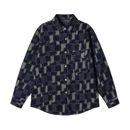 CS201秋冬季新款牛仔衬衫外套潮流时尚个性拼接格子长袖衬衣男装 商品图1