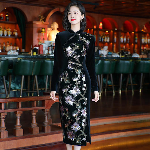 OY-24317复古中国风女装秋季新款丝绒刺绣改良长袖旗袍连衣裙24317 商品图2