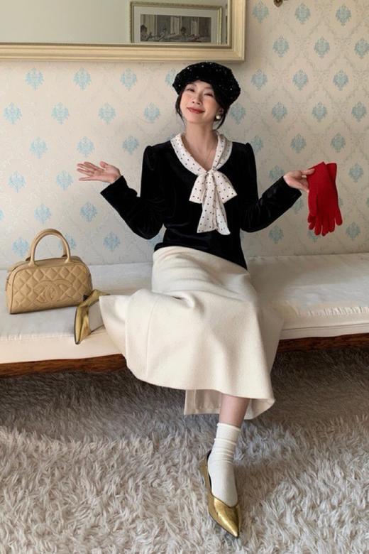 Le Malene 摩登复古波点领带丝绒上衣 19715 商品图1