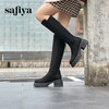 预售10天发|Safiya/索菲娅2024秋冬不过膝瘦瘦弹力绒面粗跟小个子增高长靴 SF44117278 商品缩略图4