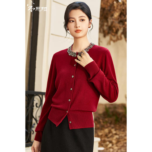 【轻奢羊毛针织开衫】重工轻奢气质针织衫 手缝亮钻圆领设计感羊毛针织上衣4771 商品图0