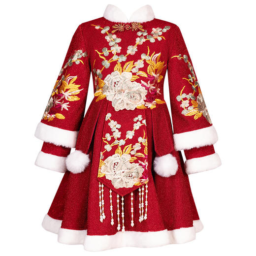 ST-26P328女童唐装洋气冬季2024新款儿童过年喜庆中国风女孩红色加厚公主裙 商品图4