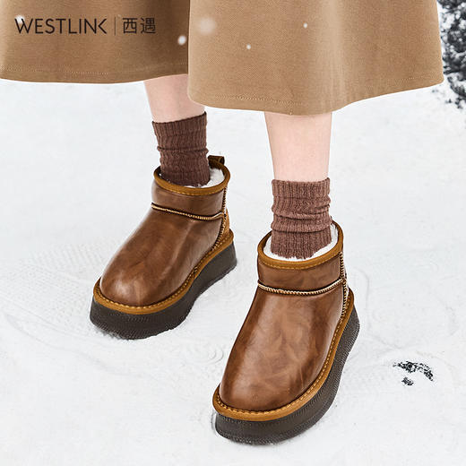 西遇厚底雪地靴女加绒冬季新款复古皮面厚底面包鞋保暖棉鞋D4147840 商品图3