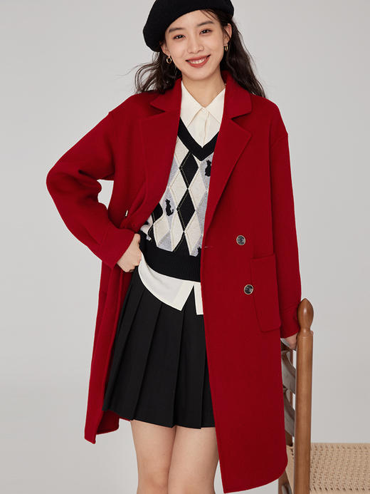 【年终特卖】熙世界翻驳领双面呢羊毛大衣女中长款冬季新款高级感灰色毛呢外套 商品图12