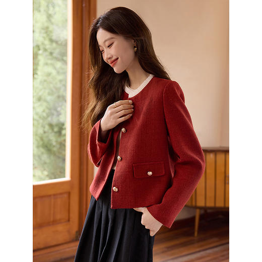 【年货节】熙世界法式红色小香风毛呢短外套秋冬名媛气质加厚夹棉开衫上衣 商品图2