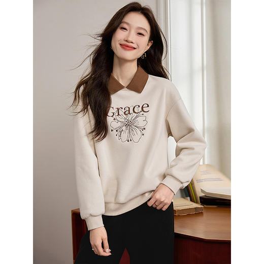 【年中特卖】熙世界假两件POLO领拼接卫衣女加绒秋冬季时尚字母印花套头上衣 商品图2