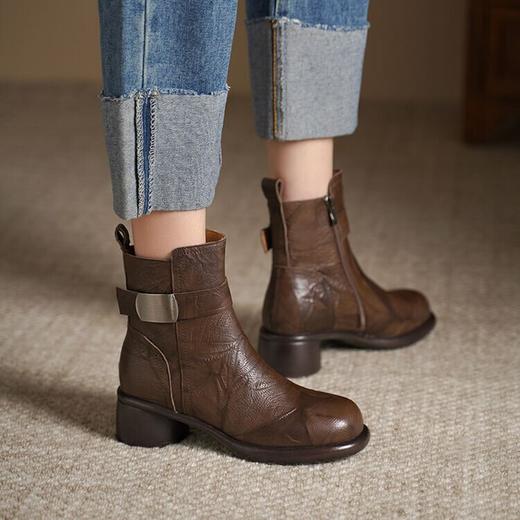 【预售5天】秋冬季新款短筒靴厚底粗跟低高跟拉链真皮款金属扣GP&3072 商品图3