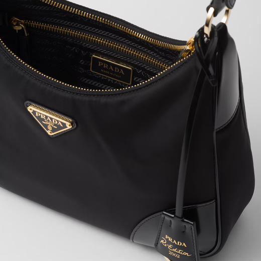 PRADA 普拉达 女士珐琅金属三角形徽标 Re-Edition 2002 Re-Nylon 和拉丝皮革单肩包 黑色 1BC214 R789 F0002 OOO 商品图3
