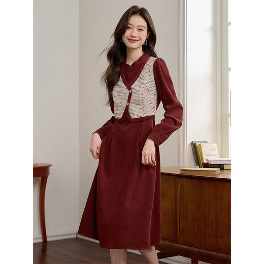 【专属特价】熙世界法式假两件红色连衣裙女长袖2025冬季新款马甲拼接气质裙子 商品图3