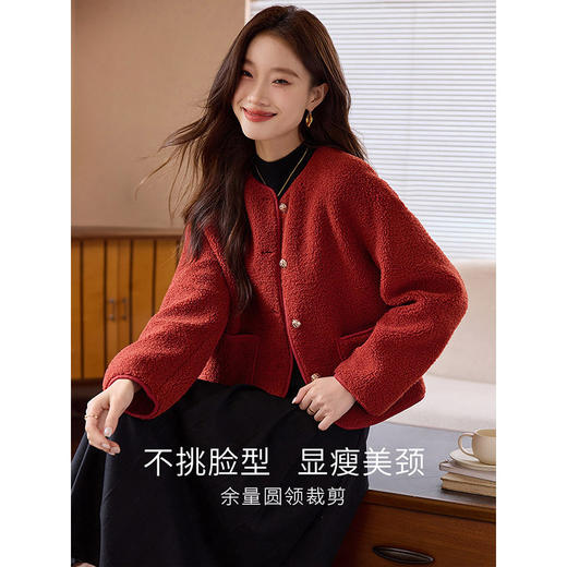 【年终特卖】熙世界复古红色小香风短款外套女秋冬小个子气质仿羊羔毛夹克上衣 商品图1