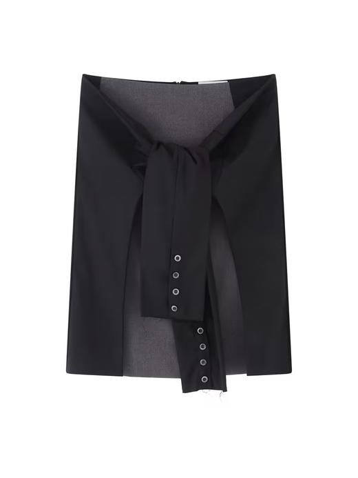 出逃赤岗西/24AWQ87/设计感假两件西装格纹绑袖低腰半身包臀A字中裙 商品图4