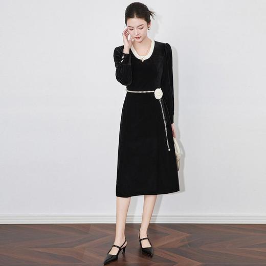 【高货wl】全新升级【铂金会员358/天猫479/差价121】(22055) 洛诗琳秋冬款法式优雅撞色褶皱珍珠腰带丝绒收腰连衣裙 商品图2
