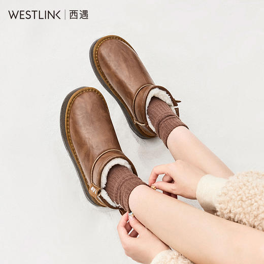 西遇保暖雪地靴女冬季新款复古皮面厚底短靴加厚加绒东北棉鞋D4347841 商品图1