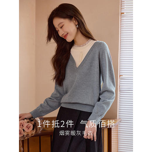 【专属特价】熙世界假两件毛衣女秋冬2025新款时尚洋气半高领拼接针织打底衫 商品图2