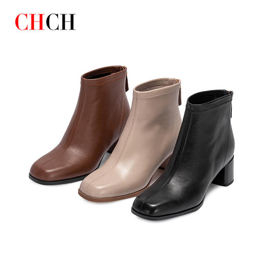 CHCH平衡鞋2024秋冬新品方头粗跟时装靴牛皮短靴女靴CO2B6031 商品图5