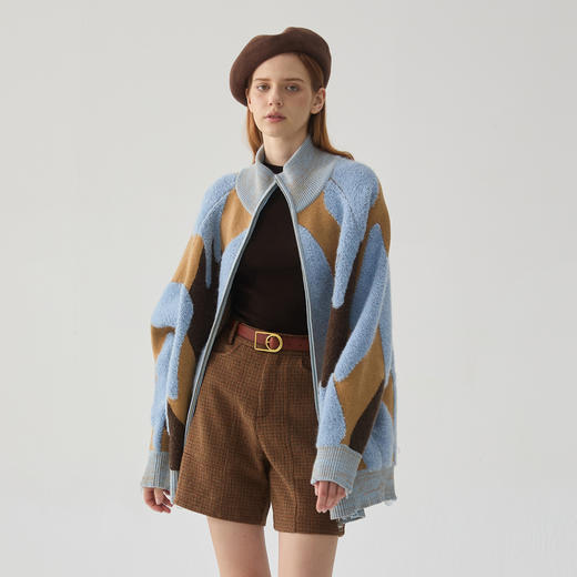 谜底针织开衫女2024冬季新品复古风花色中长款加厚毛衣244MZ1881 商品图1