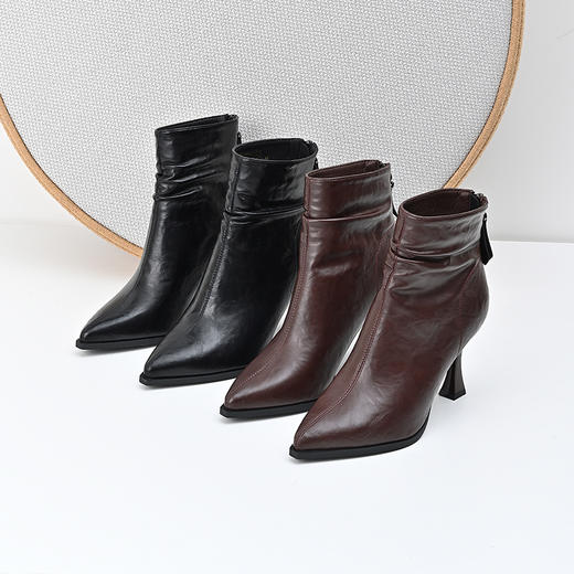 经典鲨2024冬款优雅尖头加绒保暖后拉链气质细高跟时装靴女KW119-D58121 商品图1