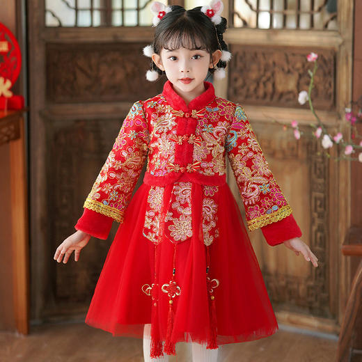 ST-HP366R女童唐装连衣裙2024新款冬季儿童加厚喜庆拜年服小女孩洋气公主裙 商品图0