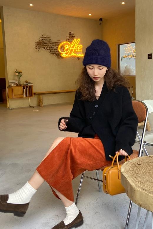 ANSUABEL 复古橘红灯芯绒高腰半裙 15527 商品图2