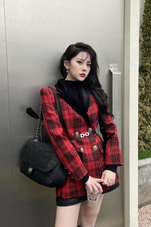 ANSUABEL 红黑格纹翻领外套 15476【不含腰带】 商品图3