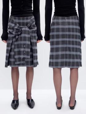 出逃赤岗西/24AWQ87/设计感假两件西装格纹绑袖低腰半身包臀A字中裙