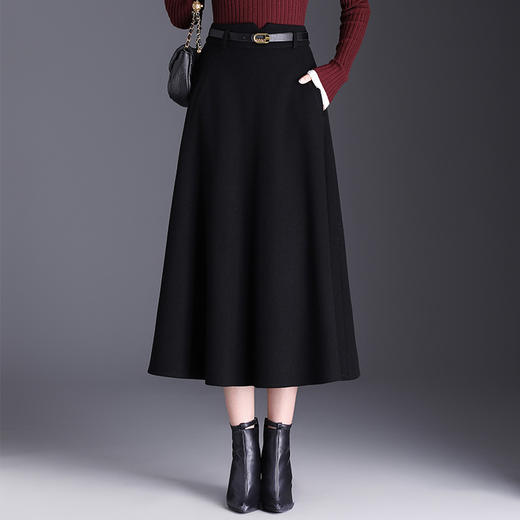 MYX-KYL-99865-L显瘦黑色时尚A字裙过膝毛呢大摆裙2024年冬款长款高腰洋气半身裙 商品图1