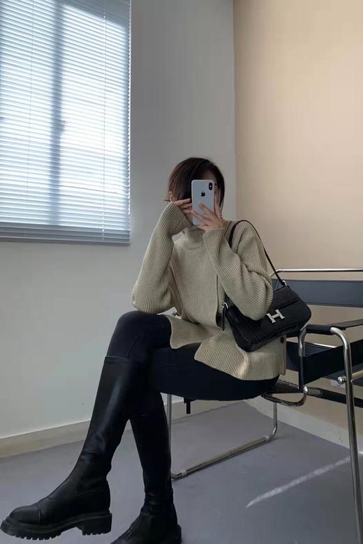 LNNNS 卡其色前开衩设计高领毛衣 15436 商品图1