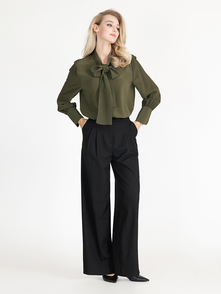 LIZZY早秋法式优雅蝴蝶结飘带领桑蚕丝时尚洋气长袖衬衣7946