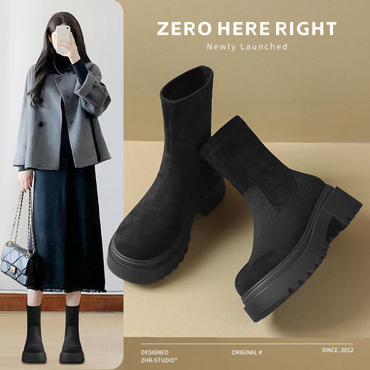 ZHR弹力靴2024新款冬季加绒保暖爆款短靴网红ins显高瘦瘦靴子厚底 商品图0