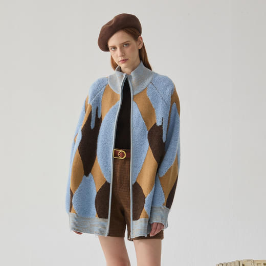 谜底针织开衫女2024冬季新品复古风花色中长款加厚毛衣244MZ1881 商品图0