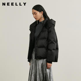 NEELLY纳俪商场同款冬新款黑色高领短款连帽外套女90白鸭绒羽绒服N24105L01116