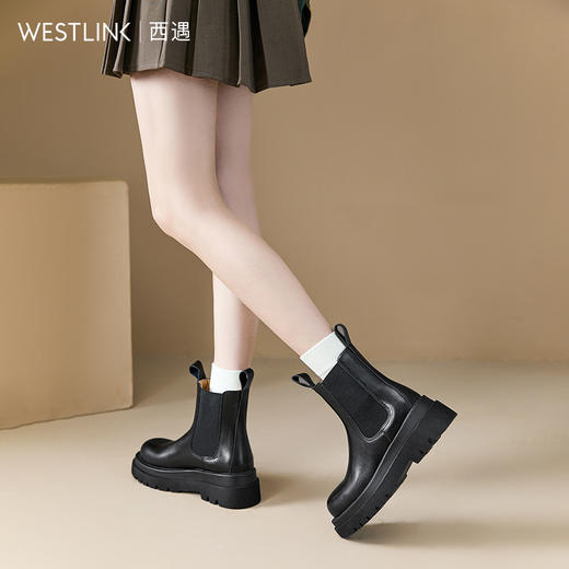 西遇厚底切尔西靴女加绒冬季新款英伦风复古中筒靴子黑色短靴SS248617/SS248616 商品图2