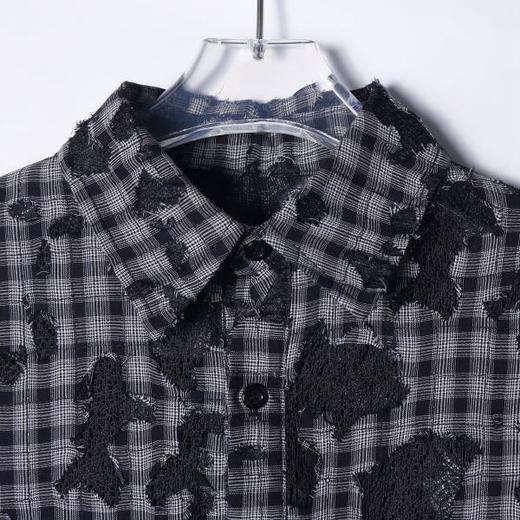 CS198秋季新款美式复古蕾丝镂空格纹格子休闲宽松衬衫长袖透气 商品图2