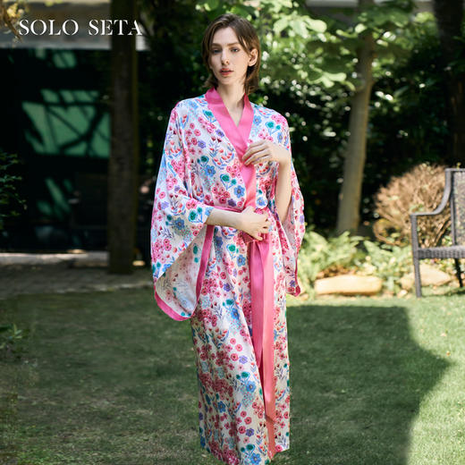 Solo seta22姆米重磅真丝睡袍女士花卉印花桑蚕丝浴袍丝绸家居服 商品图0