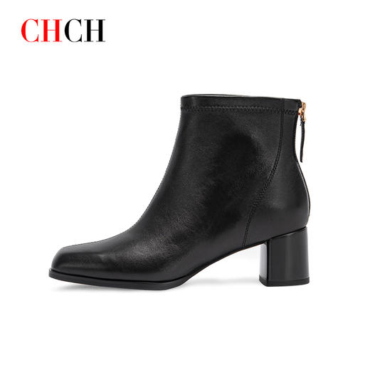 CHCH平衡鞋2024秋冬新品方头粗跟时装靴牛皮短靴女靴CO2B6031 商品图1