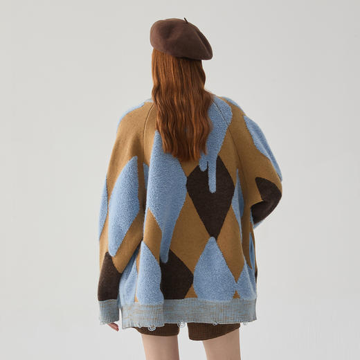 谜底针织开衫女2024冬季新品复古风花色中长款加厚毛衣244MZ1881 商品图2