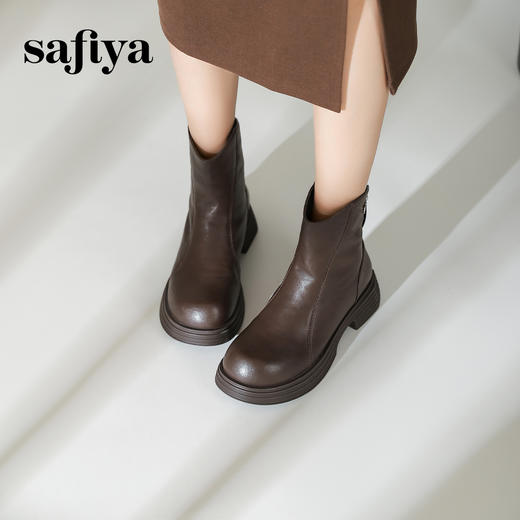 预售10天发|Safiya/索菲娅2024冬休闲圆头粗跟时尚百搭加绒加厚后拉链短踝靴 SF44116413/SF44118413 商品图3