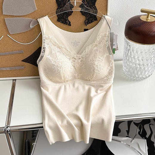 官网1300+ 华歌er同款秋冬v领蕾丝保暖背心三合一带胸垫女双面磨毛绵羊毛混纺蓄热贴身内搭打底 商品图9