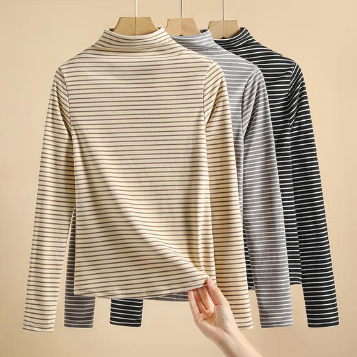 【洋气内搭】秋冬磨毛中领条纹打底衫女高级感内搭高弹修身显瘦246横条纹基础打底衫 商品图5