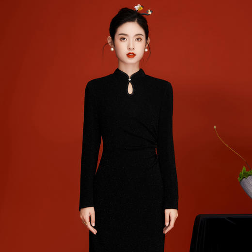 OY-230315中国风女装春季2024年新款复古针织提花长款改良黑色连衣裙230315 商品图2