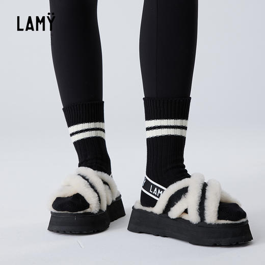 LAMY交叉带澳洲羊皮毛一体厚底休闲松紧带时尚松糕鞋HZ005 商品图3