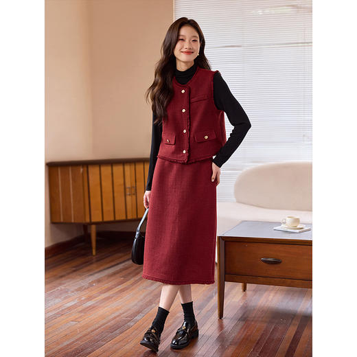 【年终特卖】熙世界小香风套装女安可拉红2025秋冬款粗花呢马甲半身裙两件套 商品图4