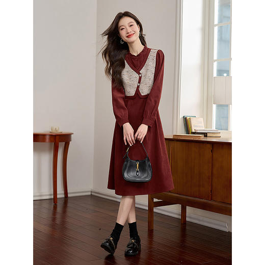 【专属特价】熙世界法式假两件红色连衣裙女长袖2025冬季新款马甲拼接气质裙子 商品图4
