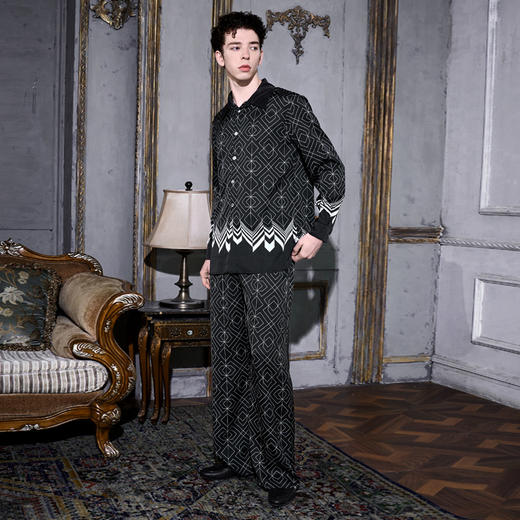 Solo seta22姆米男士真丝睡衣桑蚕丝衬衫阔腿裤丝绸印花家居服 商品图1